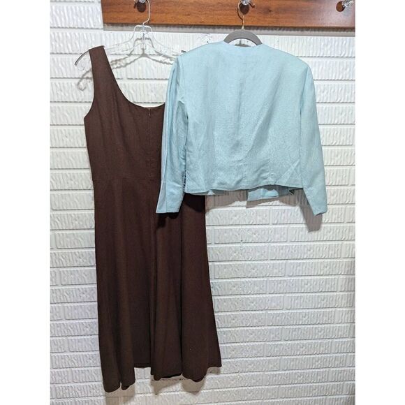 Jessica Howard Women's Brown & Aqua Linen Blend Maxi Dress & Blazer 2PC Set Size - Picture 4 of 7